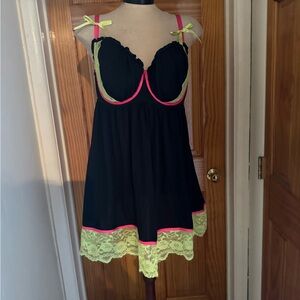 Cacique Elegant Black and Neon Lace Chemise